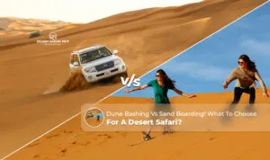 Dune bashing vs sandboarding | Which is safer dune bashing or sandboarding Blog Banner by Dubai Desert Safari Trip